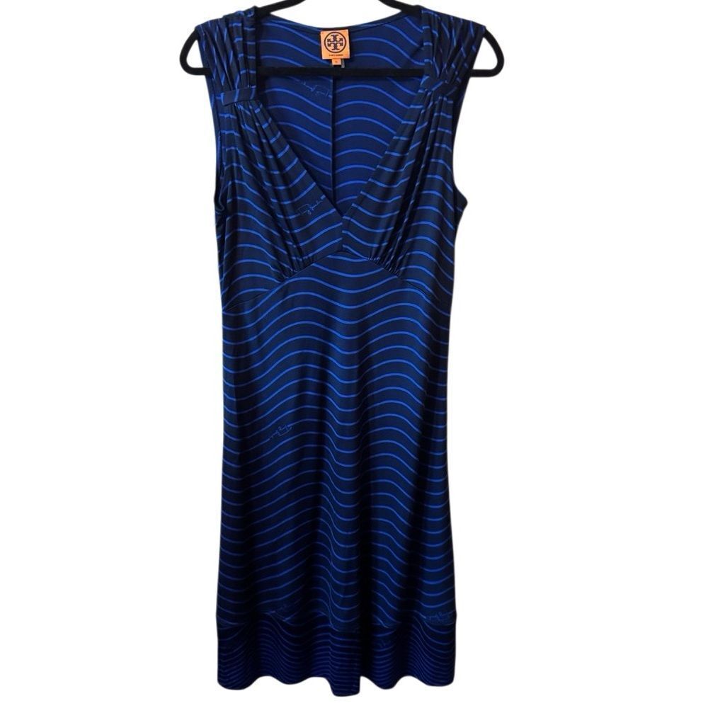 Tory Burch- Women’s Silk Stretch Blue Striped V-Neck Midi Dress Medium